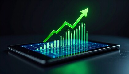 Digital tablet with 3D green bar graph and upward arrow on dark background