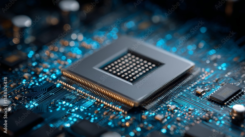 Poster detailed close-up of integrated circuit with intricate connections illustrating the cutting-edge tec