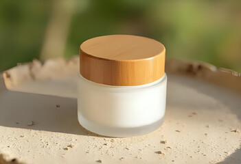 A blank cosmetic jar with wooden lid mockup on light beige background, centered composition, ideal for organic or luxury skincare product branding.