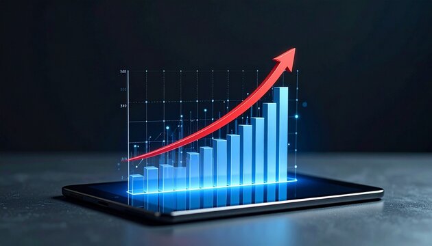 Digital tablet showing glowing 3D bar chart with rising red arrow — data growth concept