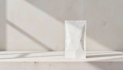 Blank white packaging on minimalist shelf with soft light shadows  