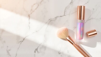 Cosmetic bottle and makeup brush on marble surface with sunlight  