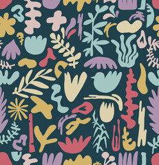 Seamless pattern fun colorful line flower and doodle. Pattern creative comic style background, trendy design with scribble shapes. Art vector elements and slogans for graphic tee t shirt or sweatshirt