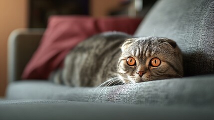 Scottish fold cat with orange eyes resting on grey sofa, close-up portrait - Serene feline elegance in soft natural light