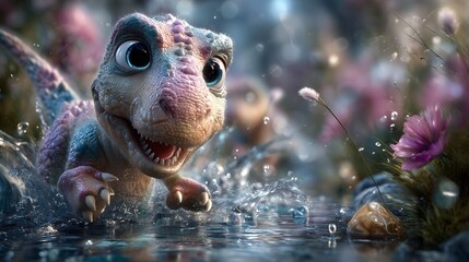 Fuzzy t-rex cub splashing in clear water