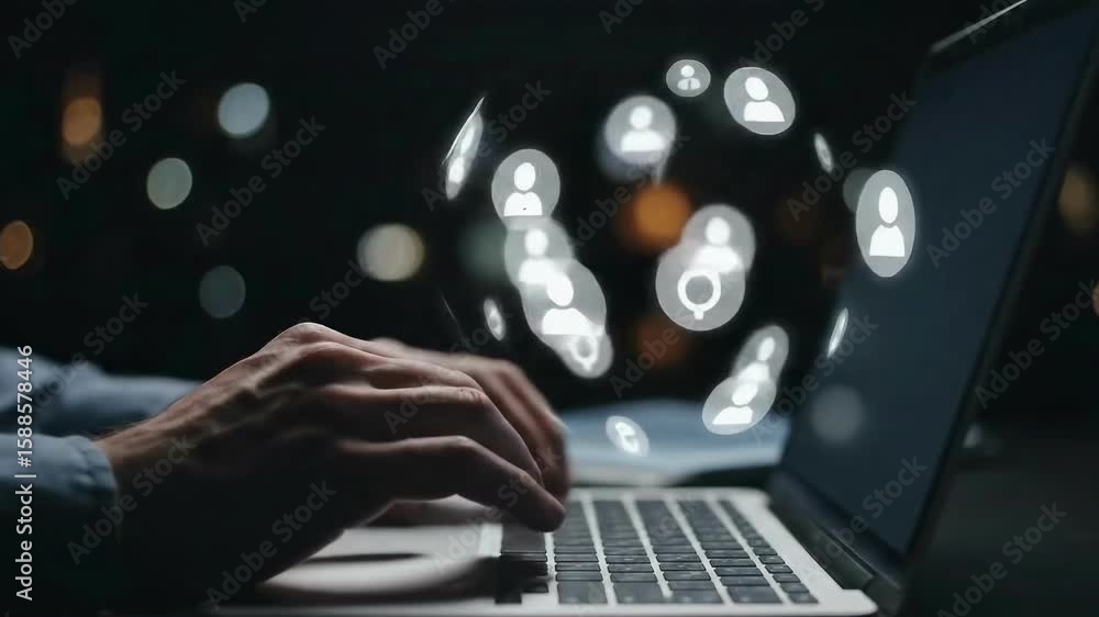 Poster digital connections: a close-up shot of a person at work on a laptop, with a digital network of prof
