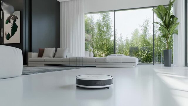 Smart Cleaning Revolution: A robotic vacuum cleaner effortlessly navigates a pristine living room, reflecting a modern lifestyle.