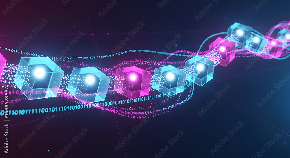 Poster blockchain technology: a visual representation of interconnected blocks forming a secure, digital ch