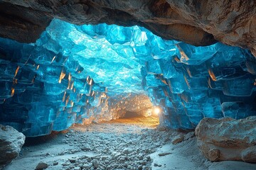 Deep hidden cave with glowing calcite crystals casting ethereal light on dark walls beneath overhead natural opening