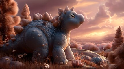 Stegosaurus watching sunset nature scene heartwarming