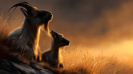 Heartwarming sunset scene with markhor goats