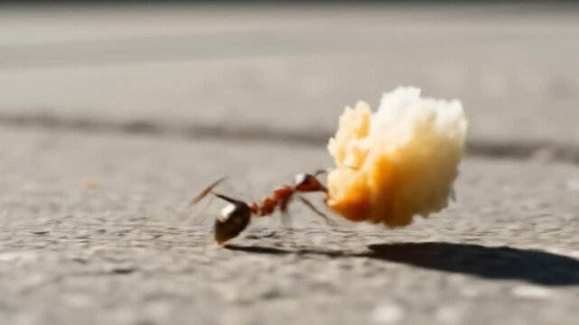Ant strength: close-up of an ant carrying a piece of bread across a concrete surface
