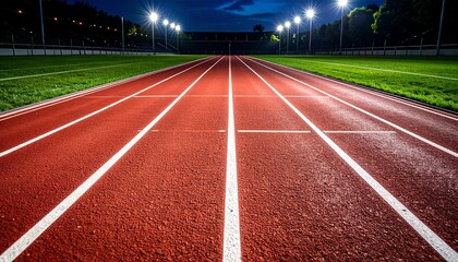Fototapeta premium Nighttime running track with red lanes, white markings, and illuminated surroundings