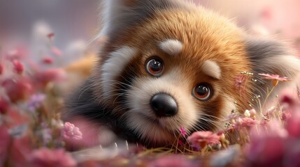 Heartwarming red panda cub in flower field