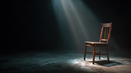 Single rustic chair under spotlight in dark room with moody theatrical atmosphere