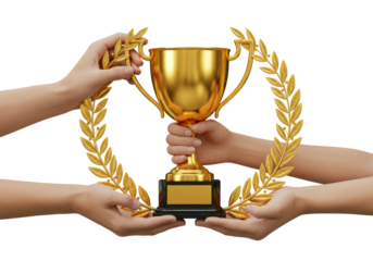 Isolated Hands Holding Golden Trophy Framed by Laurel Wreath