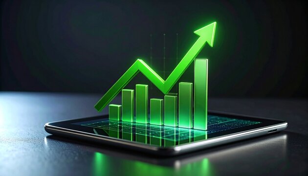 Digital tablet with 3D green bar graph and upward arrow on dark background