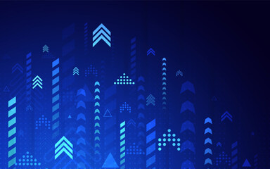 Business growth concept. Blue background with glowing arrows. Data technology template. Abstract geometric shapes and digital futuristic design. Finance or success theme. Vector illustration.
