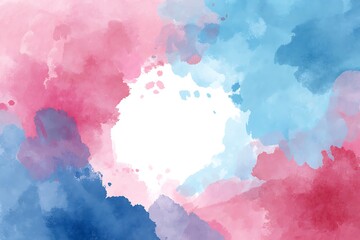 Soft pastel watercolor background in pink and blue tones with white blank center space for text, minimal flat vector design.
