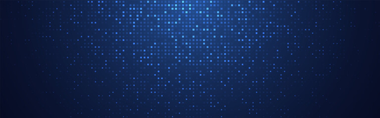 Digital pixels. Blue technology background with glowing squares on dark space. Abstract tech concept. Futuristic pattern with lighting elements for innovation or big data concept. Vector illustration.