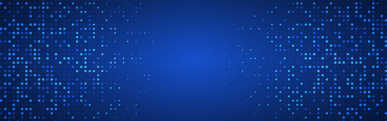 Tech background with glowing blue digital squares. Abstract futuristic pixels for data, science or modern technology concept. Minimal geometric background. Vector Illustration.