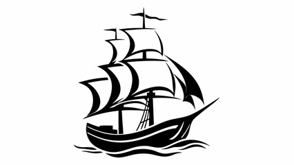 Silhouette illustration of a sailing ship with multiple sails on a wavy sea surface design is visible