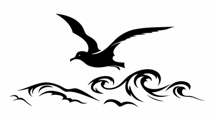 Fototapeta premium Black silhouette of a seagull flying over stylized waves in a simple black and white illustration