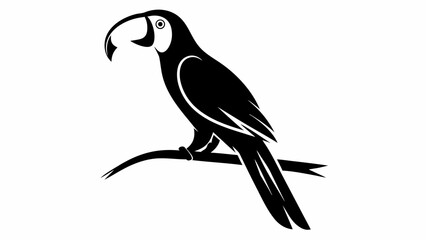 Silhouette illustration of a toucan bird perched on a branch in black and white vector format
