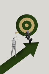 Zine trendy vertical banner creative collage of happy businesswoman businessman stand target...