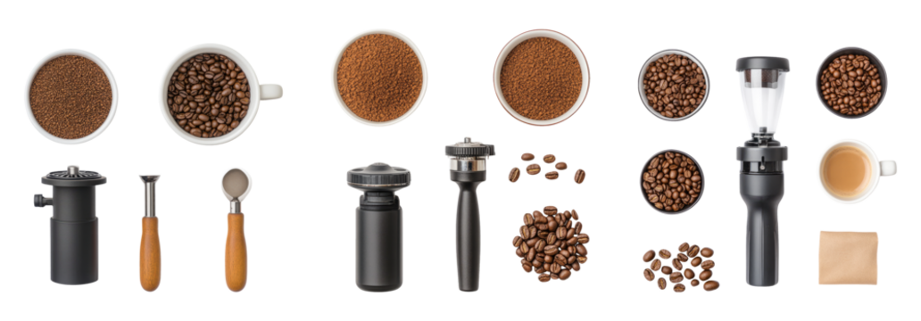 Coffee Tools and Ingredients Isolated on Transparent Background