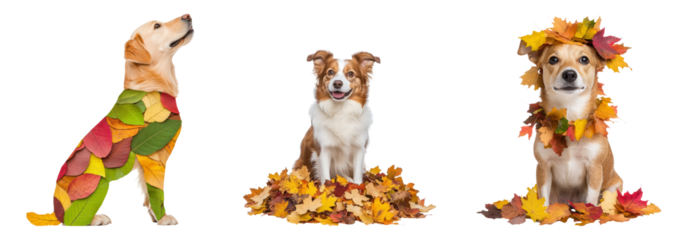 Dogs with Autumn Leaves on Isolated Transparent Background