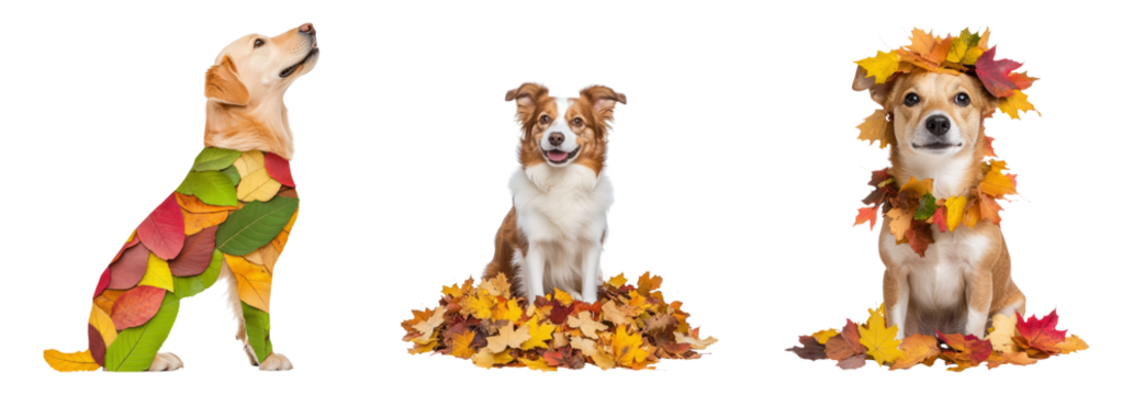 Dogs with Autumn Leaves on Isolated Transparent Background