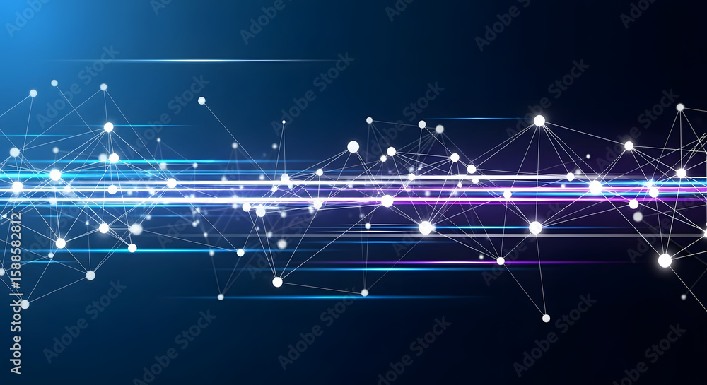 Poster network data visualization: illustrating interconnectedness with glowing nodes and lines, depicting 