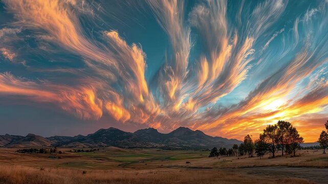 Fiery Sunset Sky over Mountain Valley Dramatic Cloudscape Landscape 4k video footage, loop, animation