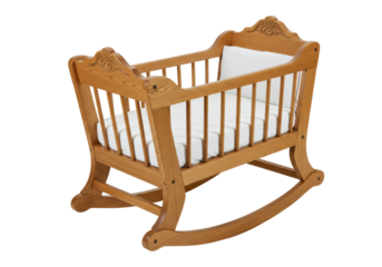 Isolated Wooden Baby Cradle Rocking Bassinet with White Bedding