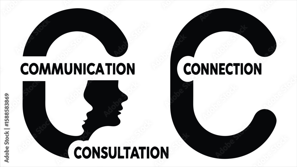 Poster abstract graphic design featuring two large black c shapes one enclosing two human profile silhouett