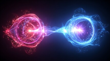 Red and blue energy rings glowing on dark black background with futuristic light effect and abstract circular shape design.