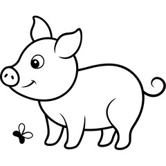 Fototapeta premium Charming piglet watching butterfly land gently Line Art Vector illustration