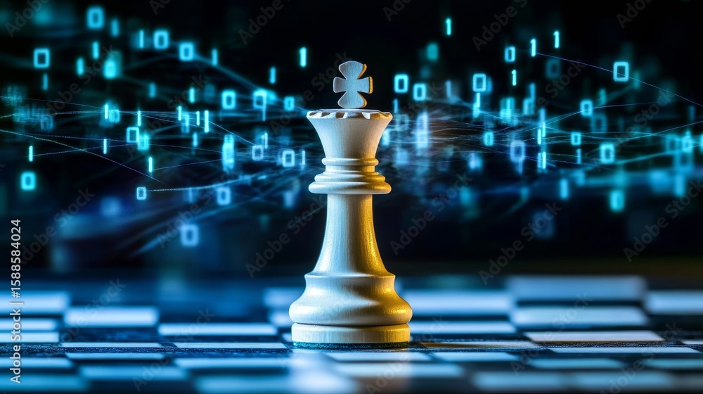 Poster strategic advancement of a white chess king on a blue background with binary digital coding elements