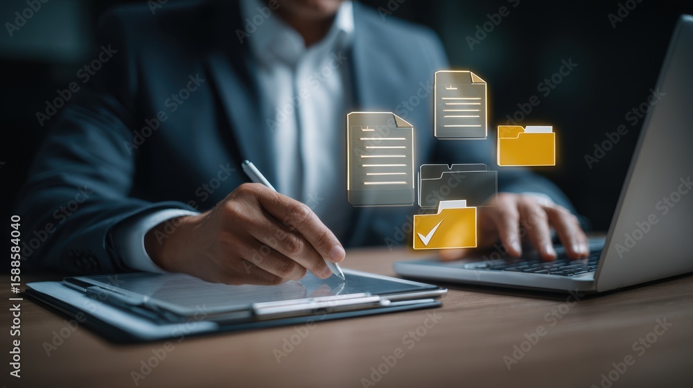 Poster business professional using digital tools for document management and data organization on a tablet 