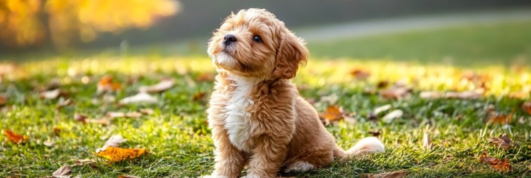 Adorable Cavapoo Puppy Sitting on Green Grass, Enjoying a Beautiful Sunny Day in the Park Outdoors