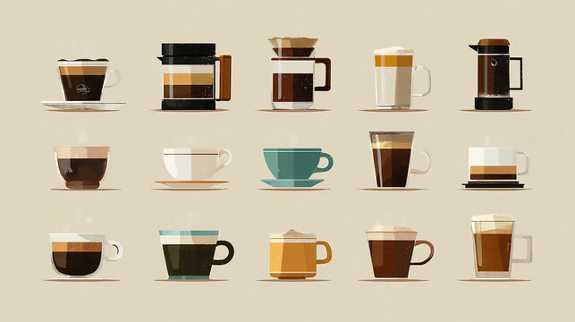 A collection of various coffee drinks in cups and mugs isolated on white background