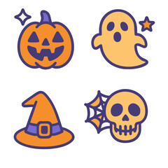 Halloween emoji-style icons with pumpkin, ghost, and witch hat. Great for seasonal and children’s content.
