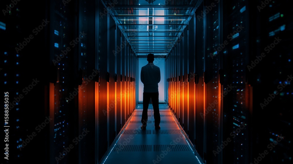 Poster data center with server racks, silhouette of it professional standing in the middle contemplating cy