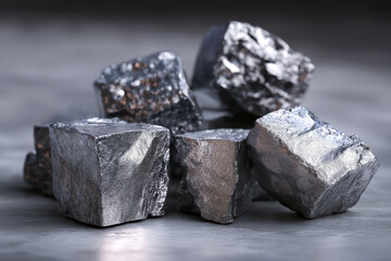 Naklejka premium Raw zinc chunks displayed in a mining lab setup, metallic surface reflections and fine texture detail.