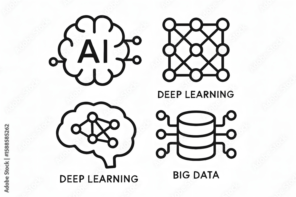 Poster ai, deep learning, and big data icons: an array of sleek, modern icons visually represent artificial