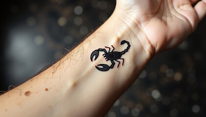 Close-up of a minimalist scorpion tattoo on a wrist