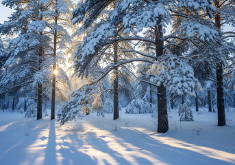 Winter Forest with Fresh Snow and Golden Morning Sunlight