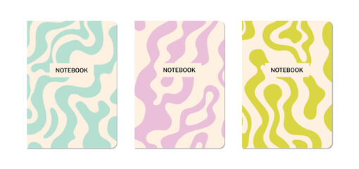 Set of notebook covers with abstract wavy psychedelic prints. Vector flat illustration of dynamic organic shapes. Pastel colored groovy stationery design