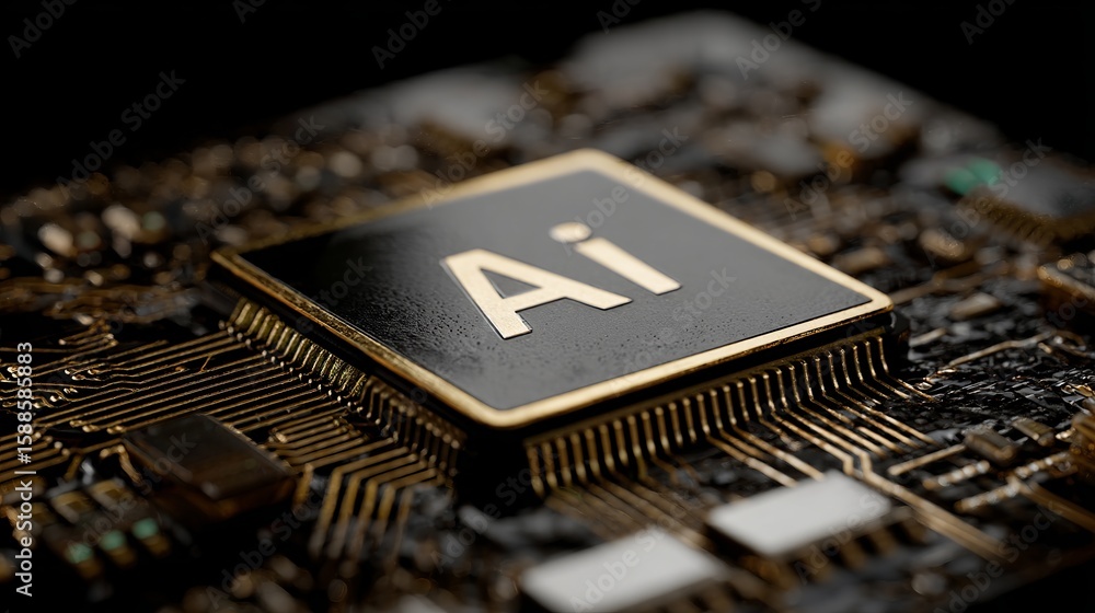 Poster artificial intelligence microchip featuring intricate gold circuit patterns symbolizes advanced tech